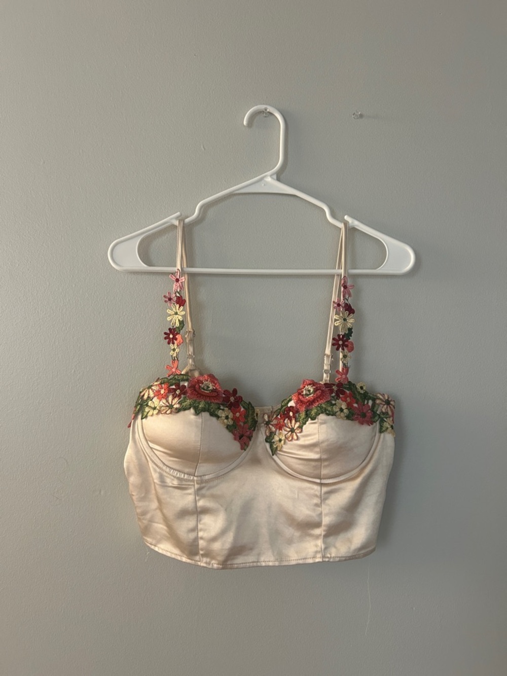 Embroidered Floral Bustier Crop Top - Cream with Red & Green Flowers